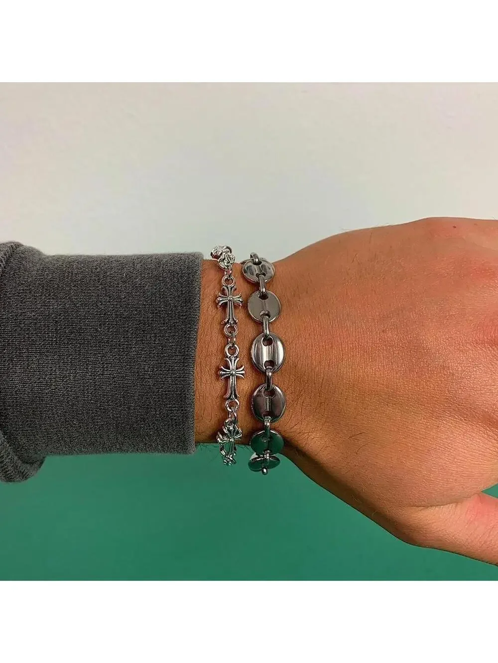 Y2k Cyber Vintage style Coffee Bean Stainless Steel Silver Bracelet. High
